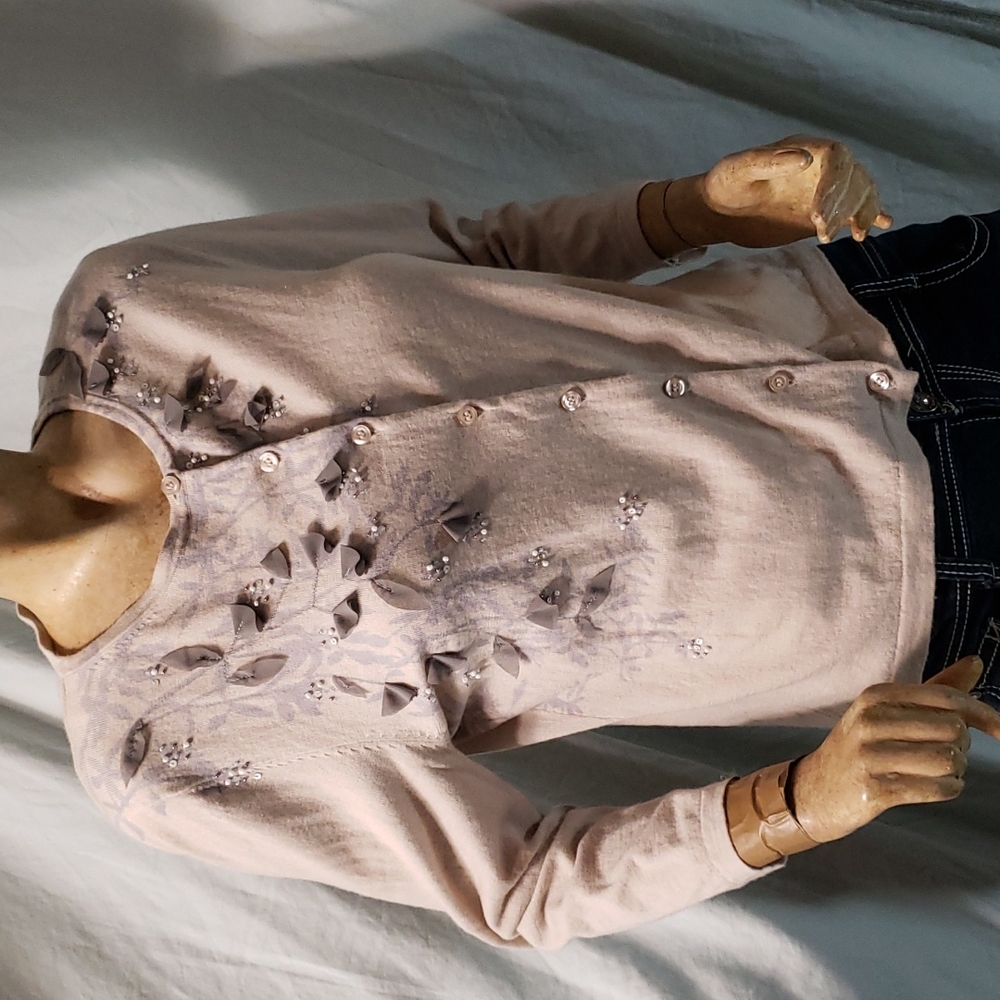 Garnet Hill Merino Wool Cardigan Sweater W/ Beaded Detail Women's Size Xl